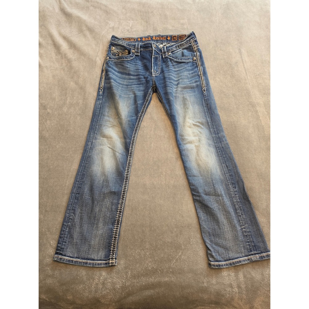 Rock Revival Daegan Straight Leg Jeans Mens 34 Blue Embroidered Contrast Stitch